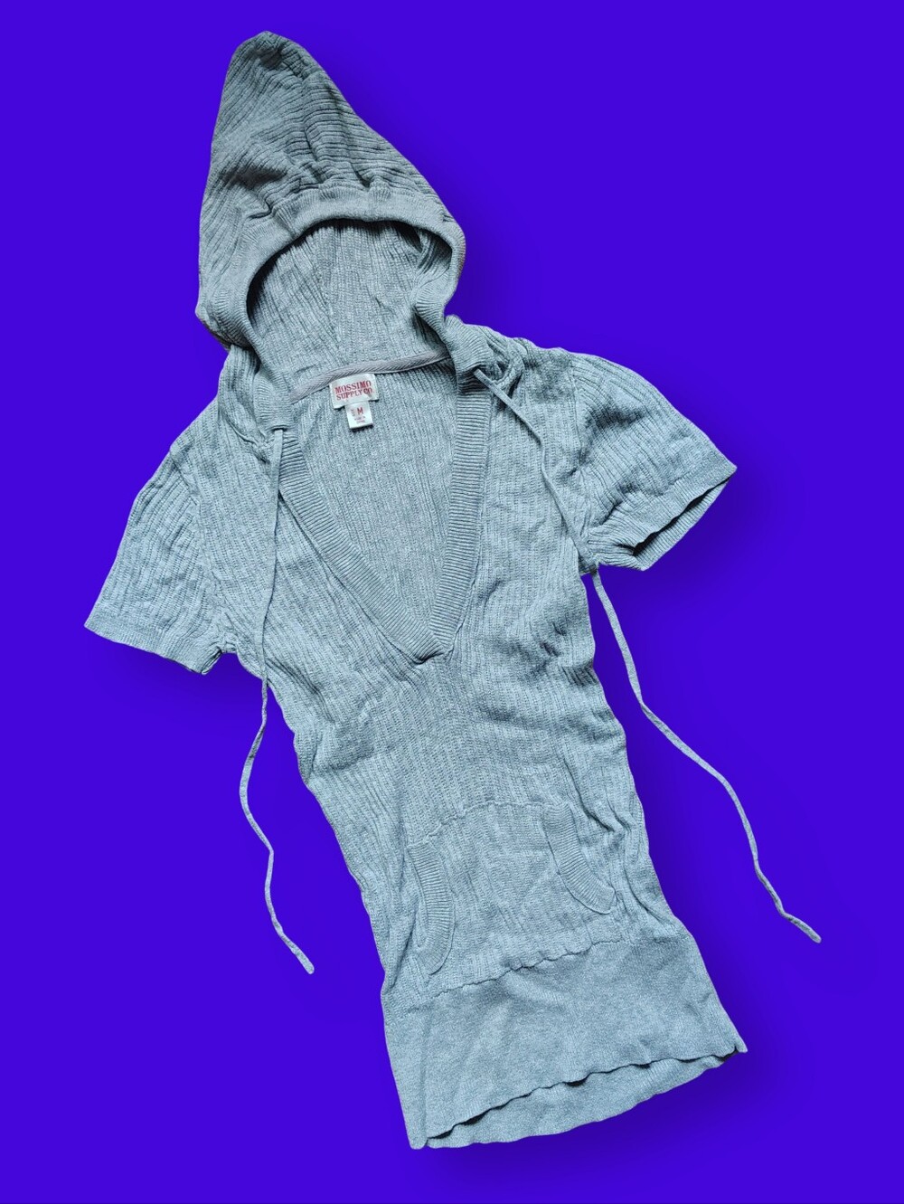 Y2k Vintage Gray Hoodie Top Small Medium Preppy Short Sleeve Knit Hooded Tee